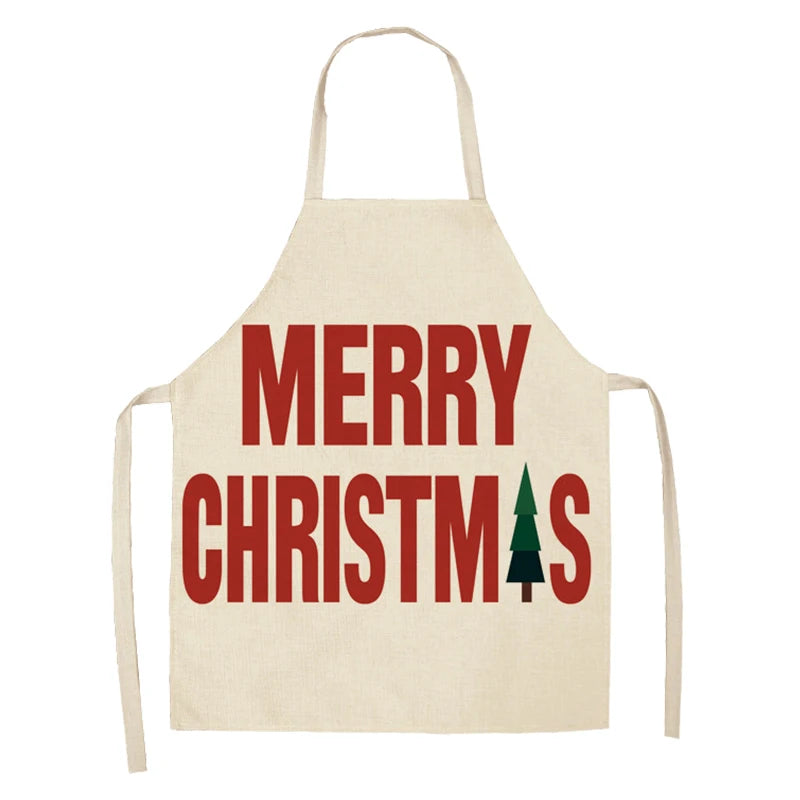 Beige apron with "Merry Christmas" in bold red letters. A green tree icon replaces the "A" in "Christmas." Simple design for holiday cooking or baking.