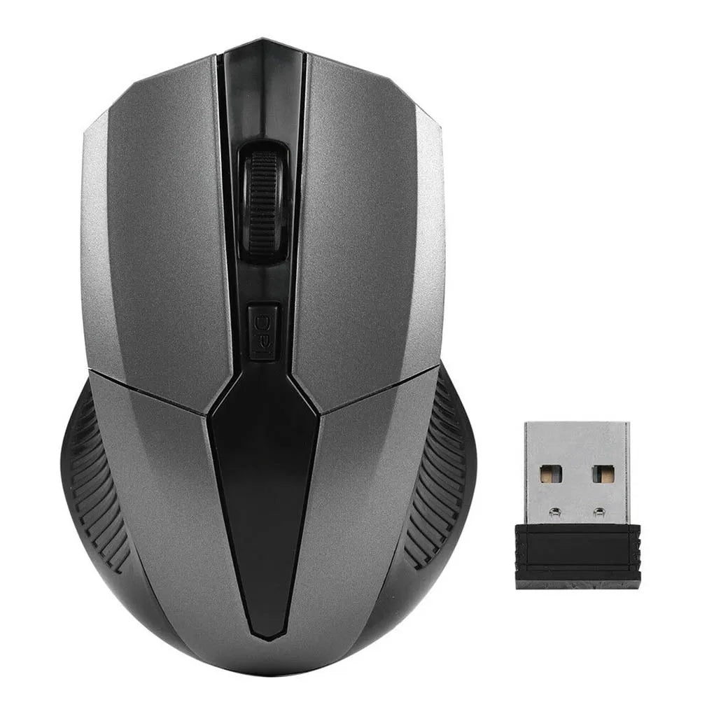 A sleek, black and gray wireless computer mouse with a scroll wheel is shown beside its USB receiver on a white background.
