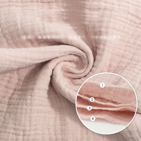 Close-up of a soft, pink, folded fabric with a swirl pattern. Inset circle shows four layers numbered 1 to 4, highlighting the thickness and texture of the material.