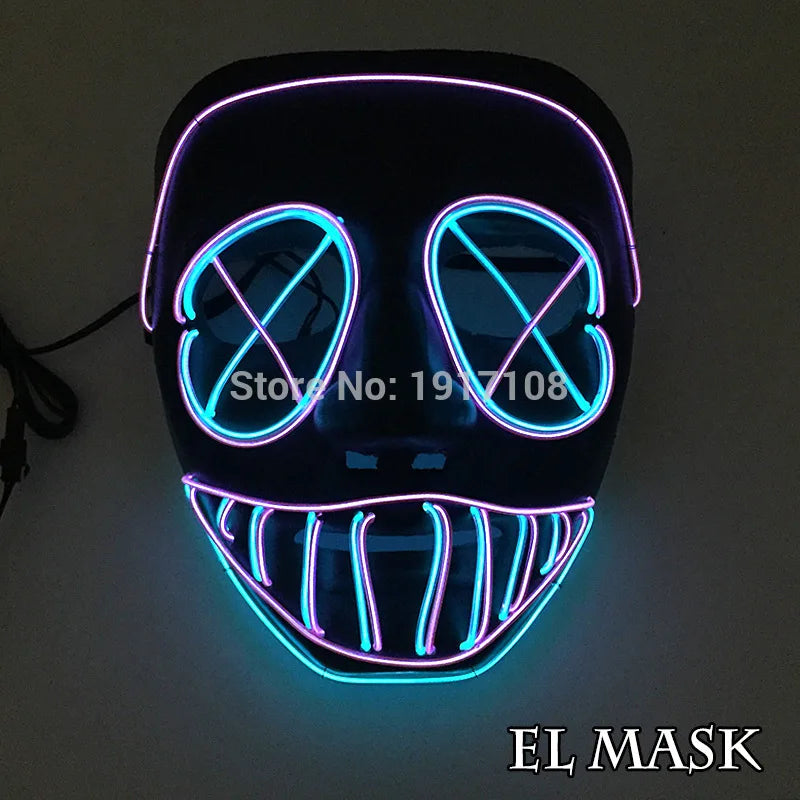 Glowing mask with pink and blue neon lines, forming crossed eyes and a wide grinning mouth. Black background with the text "EL MASK" at the bottom right.