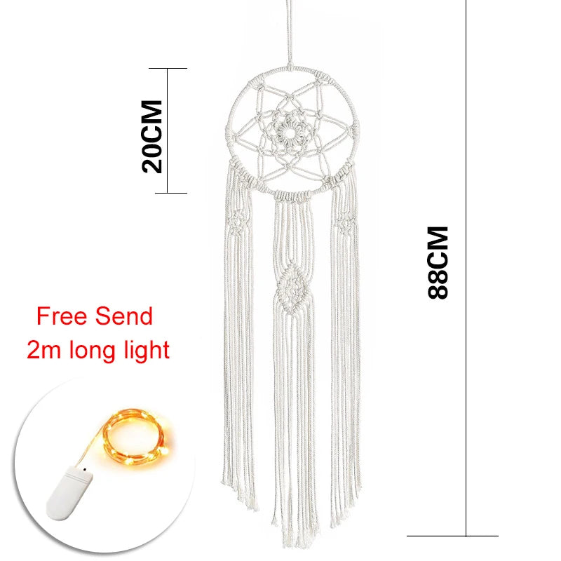 White dreamcatcher with a 20 cm diameter and 88 cm in length, featuring long tassels. Includes 2m LED light strip shown in an inset image, labeled as "Free Send 2m long light."