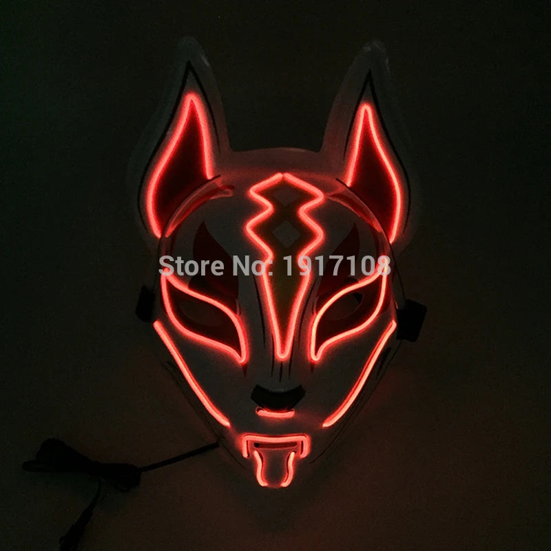 A glowing fox mask with neon red outlines and intricate designs, featuring prominent ears and eyes. The mask is illuminated against a dark background.