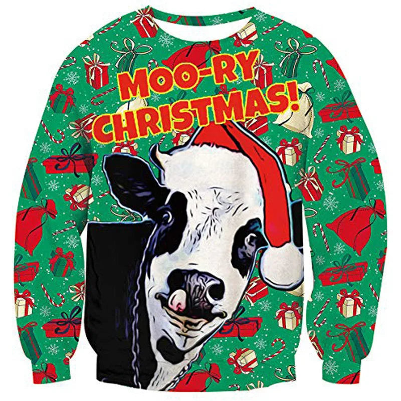 Festive sweater featuring a cow in a Santa hat with “Moo-ry Christmas!” text. The background is green with red gifts, bows, and candy canes, creating a playful holiday theme.