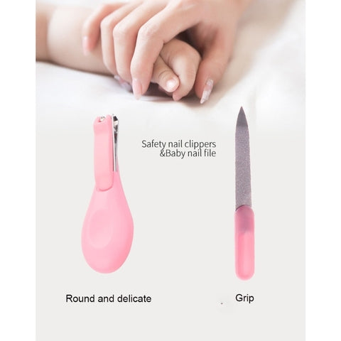 Baby nail care set includes pink safety nail clippers and a nail file. The clippers are round and delicate; the file has a grip. Background shows adult holding baby's hand.