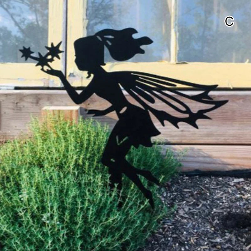 Silhouette of a fairy with wings and a ponytail holding stars, placed in a garden setting with greenery and wooden background.