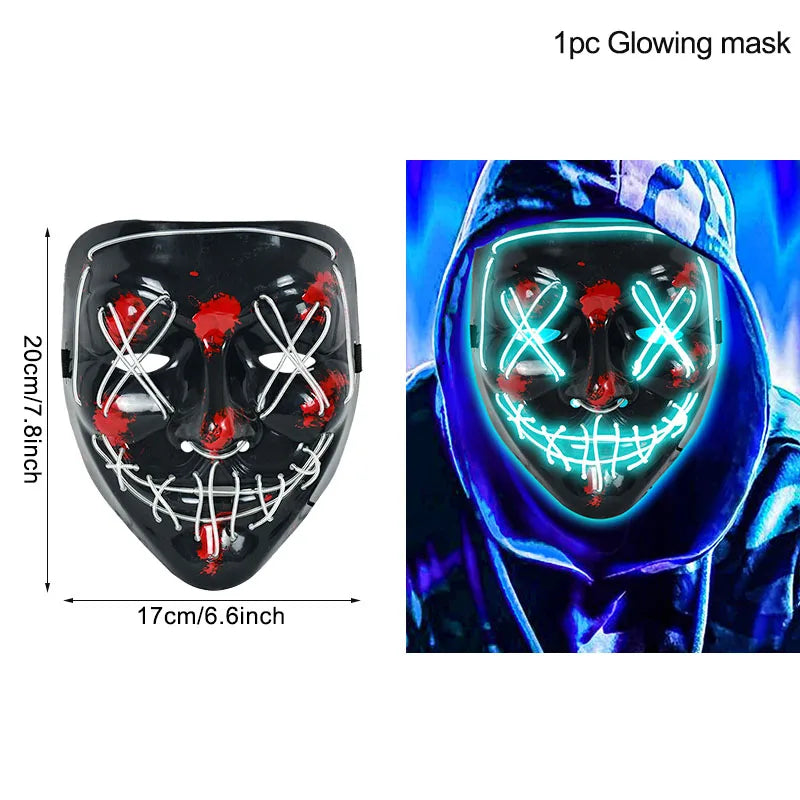 Black mask with glowing blue wires forming X eyes and stitched mouth. Red splatters decorate the mask. Measurements: 20cm by 17cm. Worn in a second image by a hooded figure.
