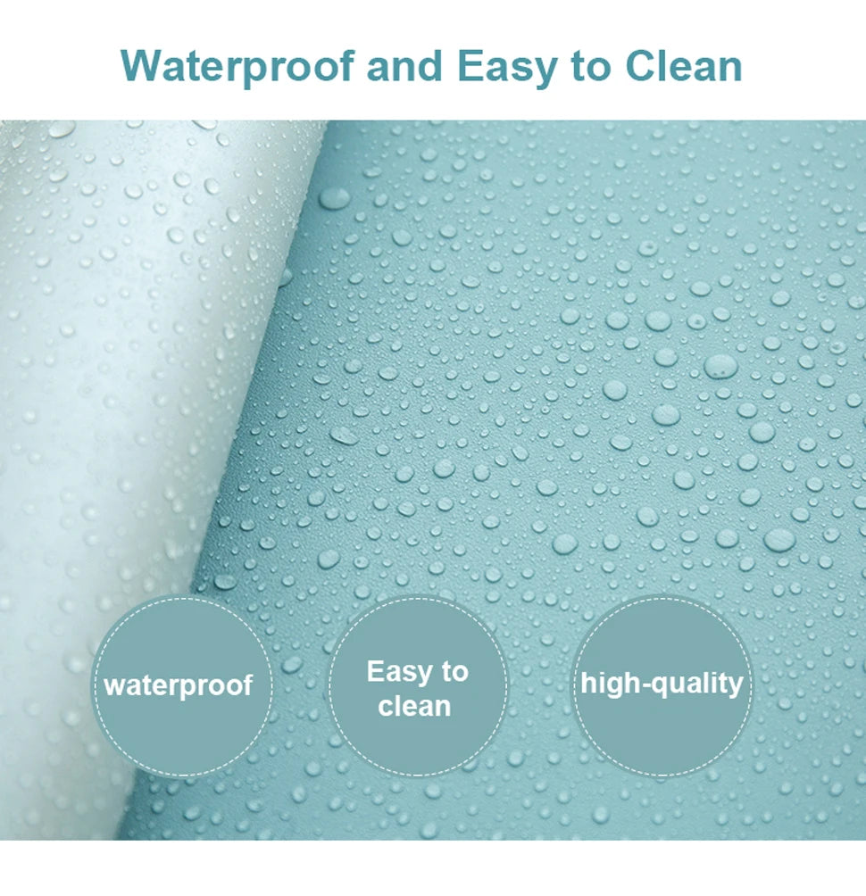 Waterproof surface with water droplets demonstrates its easy-to-clean quality. Three circular text labels highlight features: waterproof, easy to clean, high-quality.