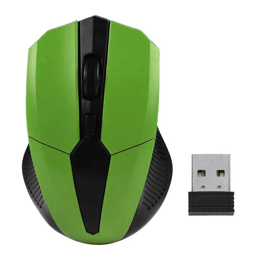 A wireless green and black computer mouse alongside its USB receiver, featuring a sleek design and scroll wheel, positioned against a white background.