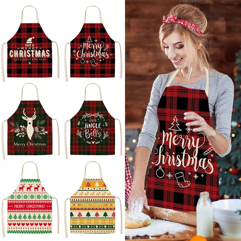 A woman in a festive "Merry Christmas" apron rolls dough. Left panel shows six holiday-themed aprons with various Christmas designs and patterns.
