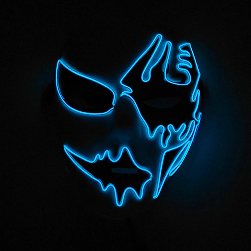 Blue neon mask with abstract lines and shapes, creating a glowing, eerie expression. The outline emphasizes eyes and mouth, set against a dark background.