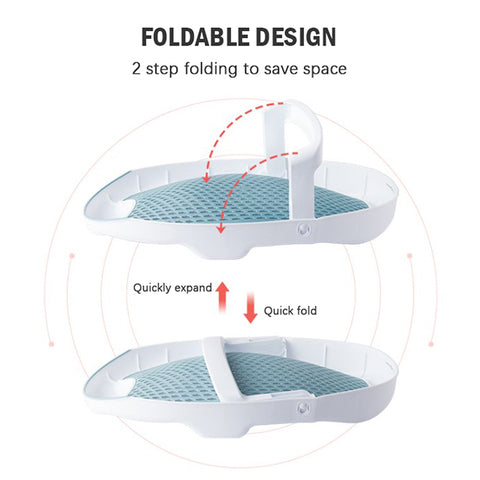 Foldable foot spa with a white frame and blue base, illustrating a two-step folding design for space saving. Red arrows indicate "Quickly expand" and "Quick fold" functions. Text: "Foldable Design: 2 step folding to save space."
