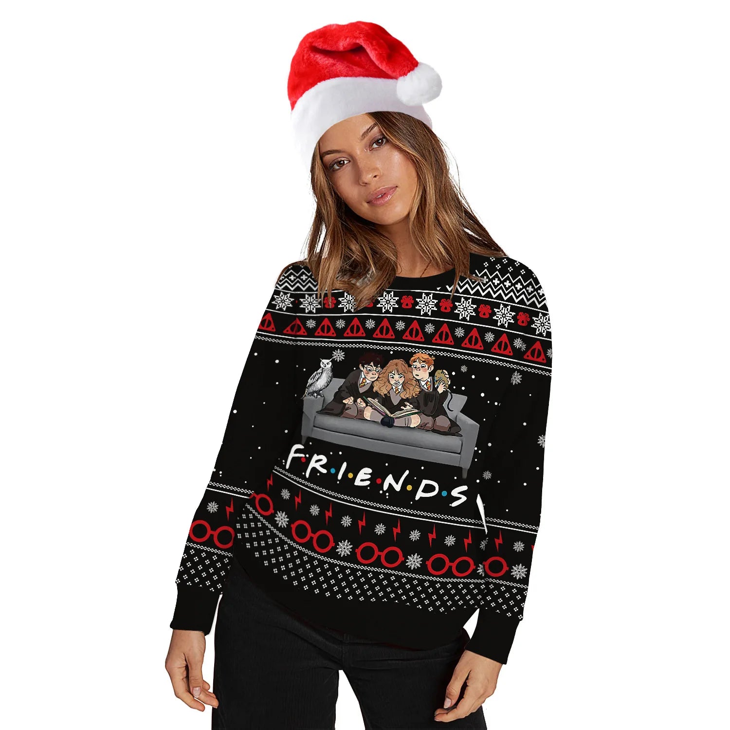 Woman in a Santa hat wearing a festive sweater featuring a "Friends" design with cartoon characters on a couch, surrounded by holiday patterns and symbols.