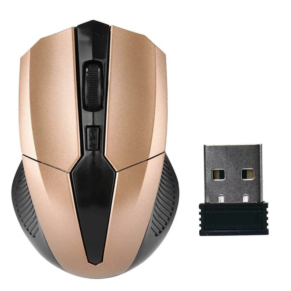 A gold and black wireless computer mouse next to its USB receiver. The mouse features an ergonomic design with a central scroll wheel and DPI button.