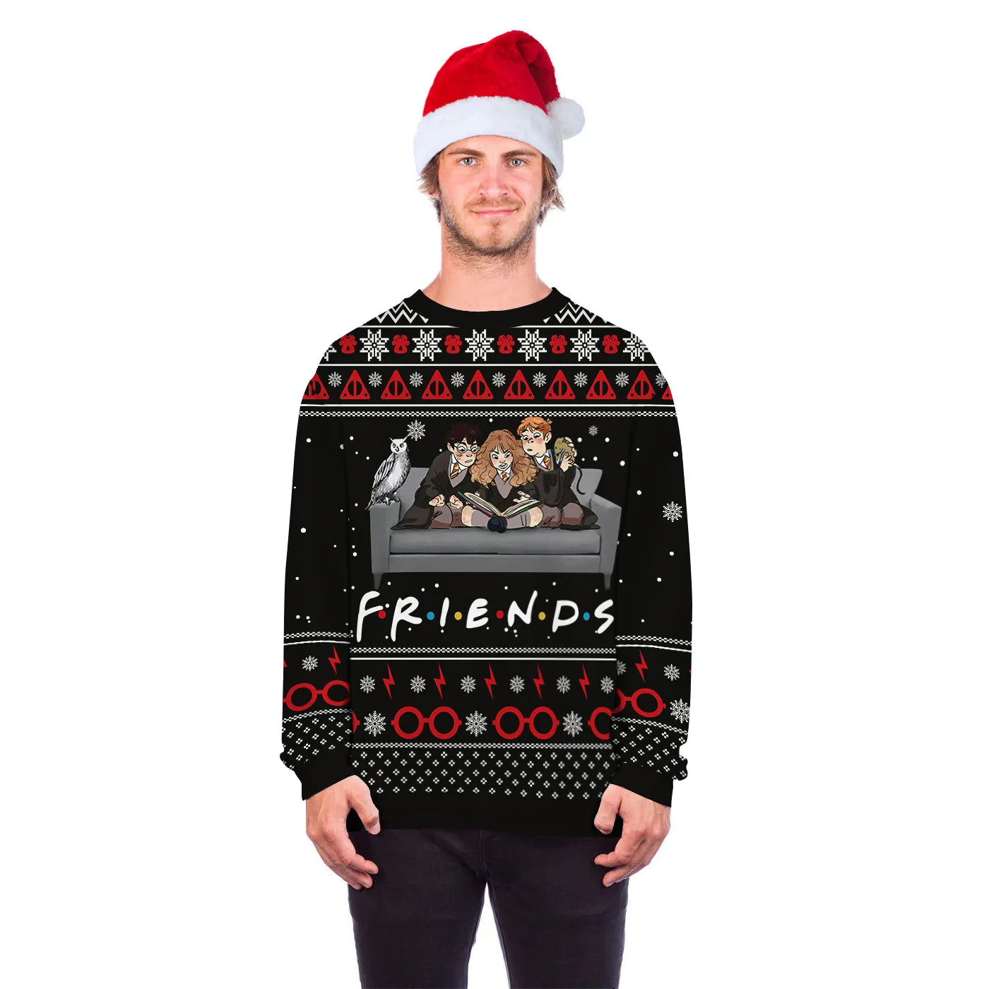 Man wearing Santa hat and a festive sweater featuring stylized characters on a couch, labeled "FRIENDS." Sweater includes patterns of glasses and snowflakes.