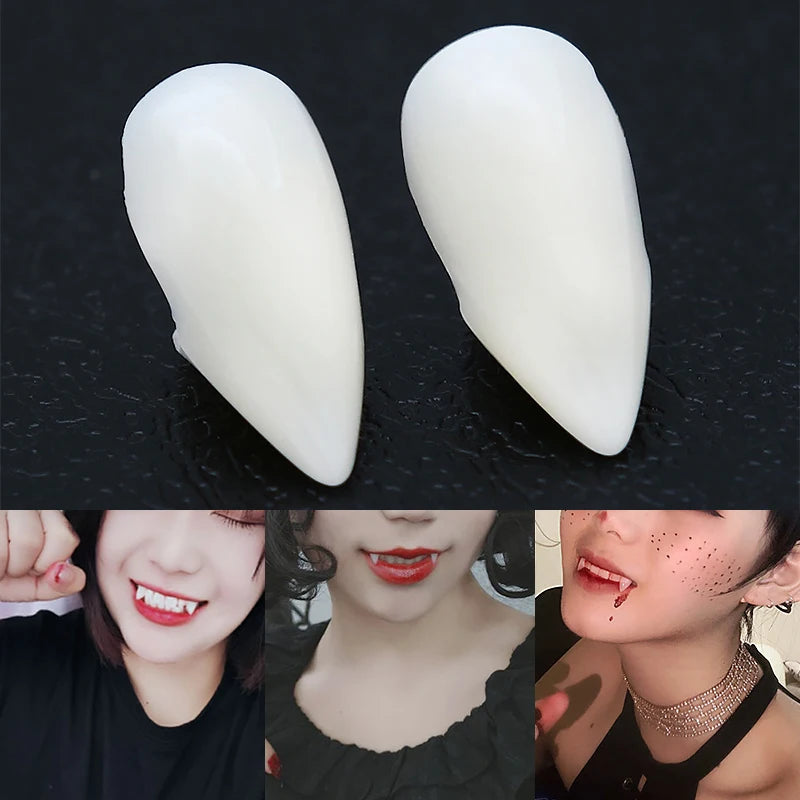 Close-up of a pair of white vampire fangs on a dark surface. Below, three people wearing the fangs with different expressions and styles, including makeup and accessories.
