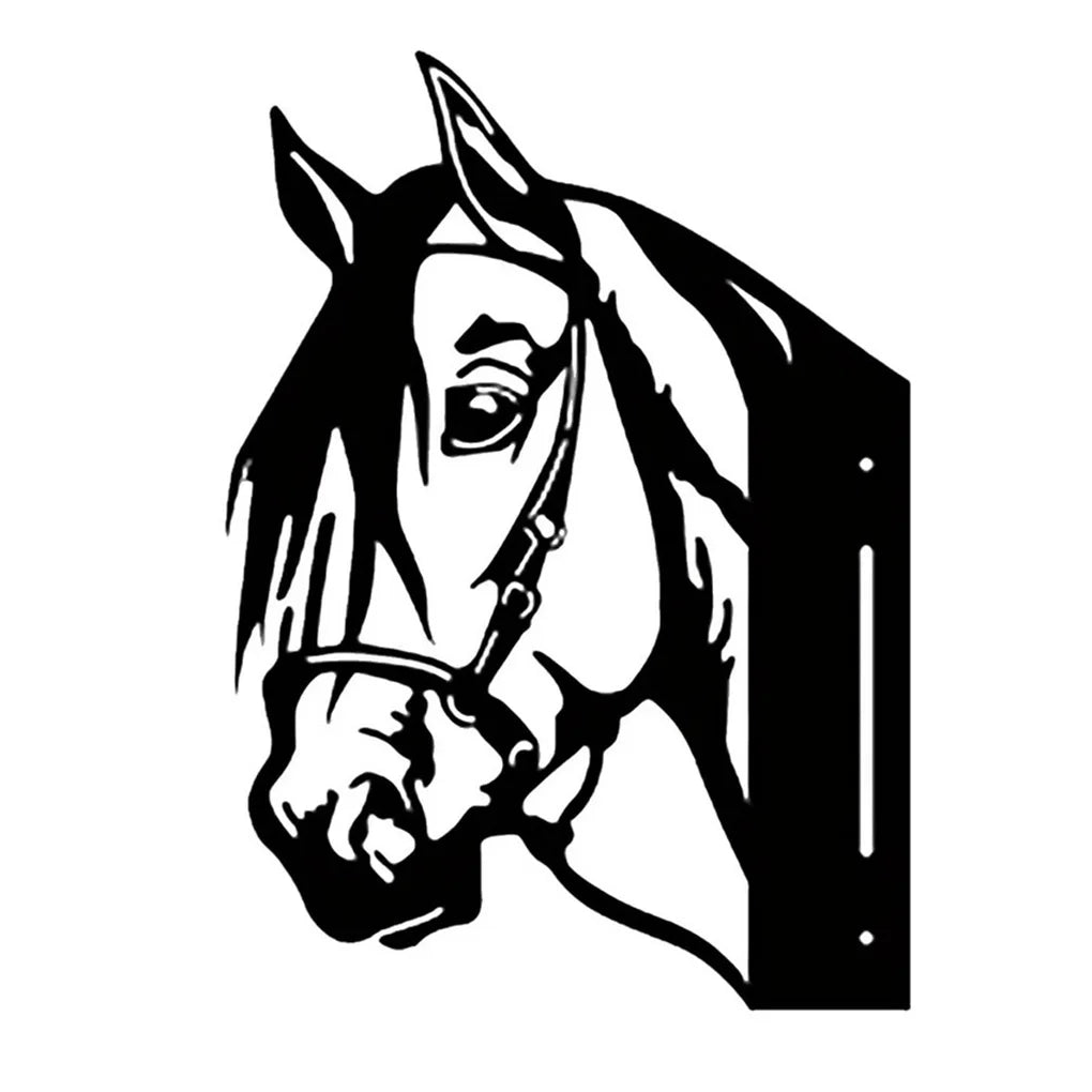 Black and white stencil of a horse's head with a bridle, featuring intricate detailing in the mane and eyes, against a plain background.