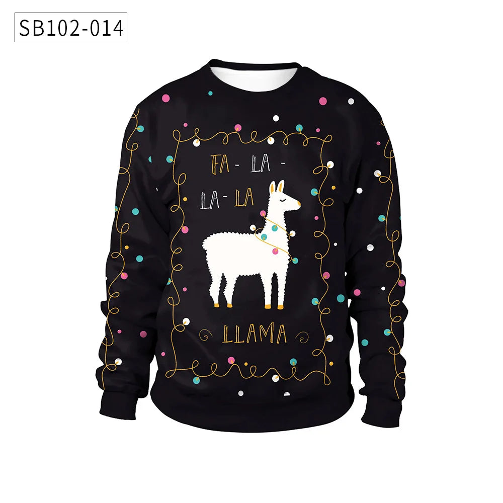 Black sweater with a white llama wearing colorful lights. Text reads "Fa-la-la-la-llama" surrounded by dots and curly lines, creating a festive design.