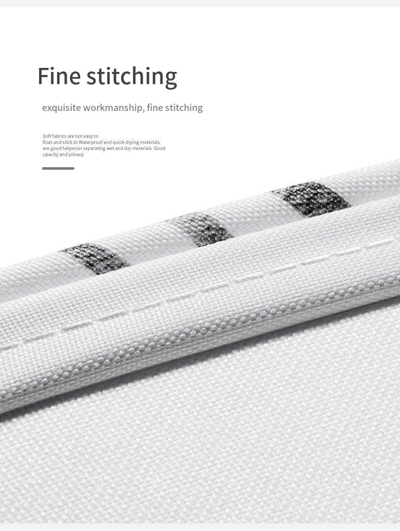 Close-up of white fabric with detailed fine stitching and black stripes. Text promotes exquisite workmanship, emphasizing waterproof, quick-drying materials for privacy and opacity.