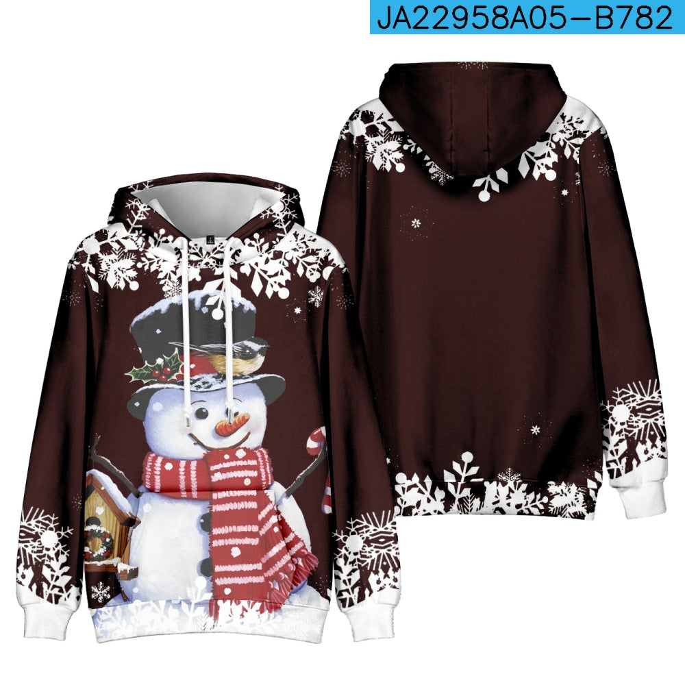 Brown hoodie with a snowman wearing a top hat, red scarf, and holding a candy cane. Adorned with white snowflakes, featuring a small bird on the hat, and a house on the side.