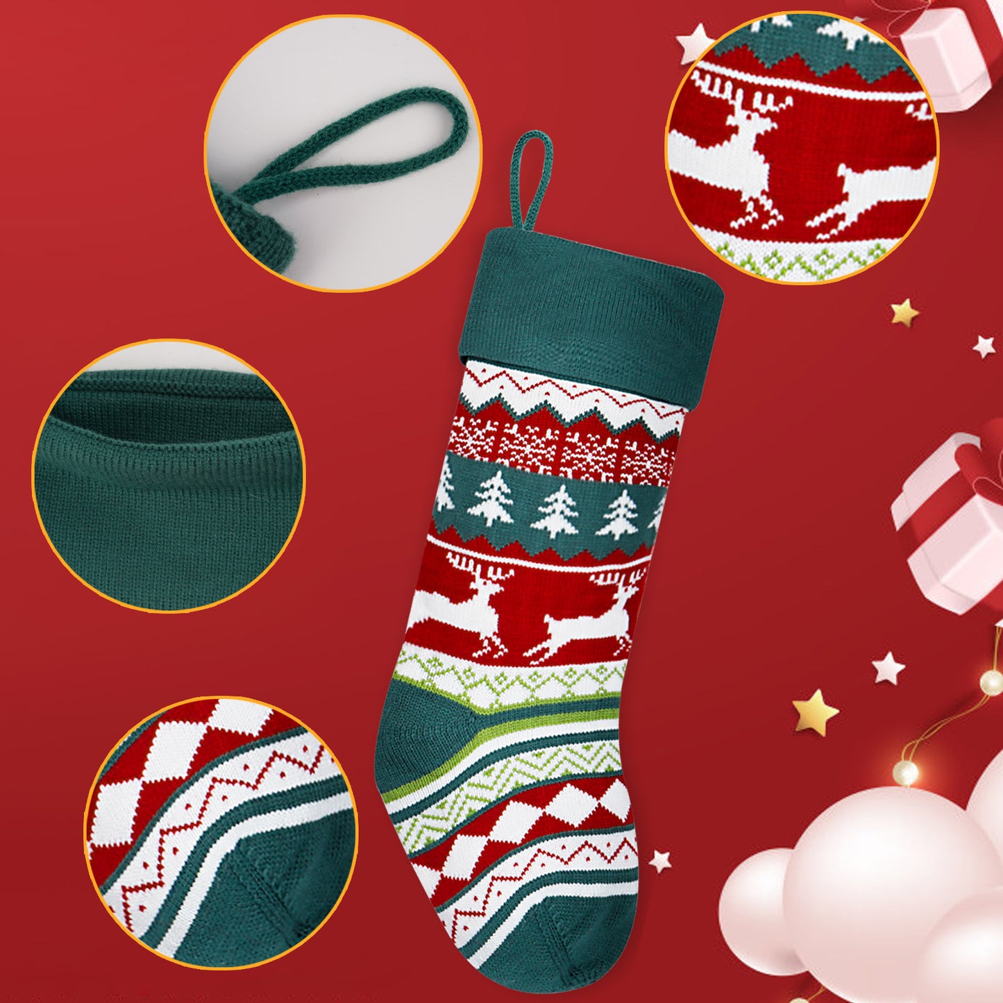 Festive Christmas stocking with green cuff and loop on a red background, featuring white reindeer, trees, and diamond patterns. Gift boxes and stars in the corners.