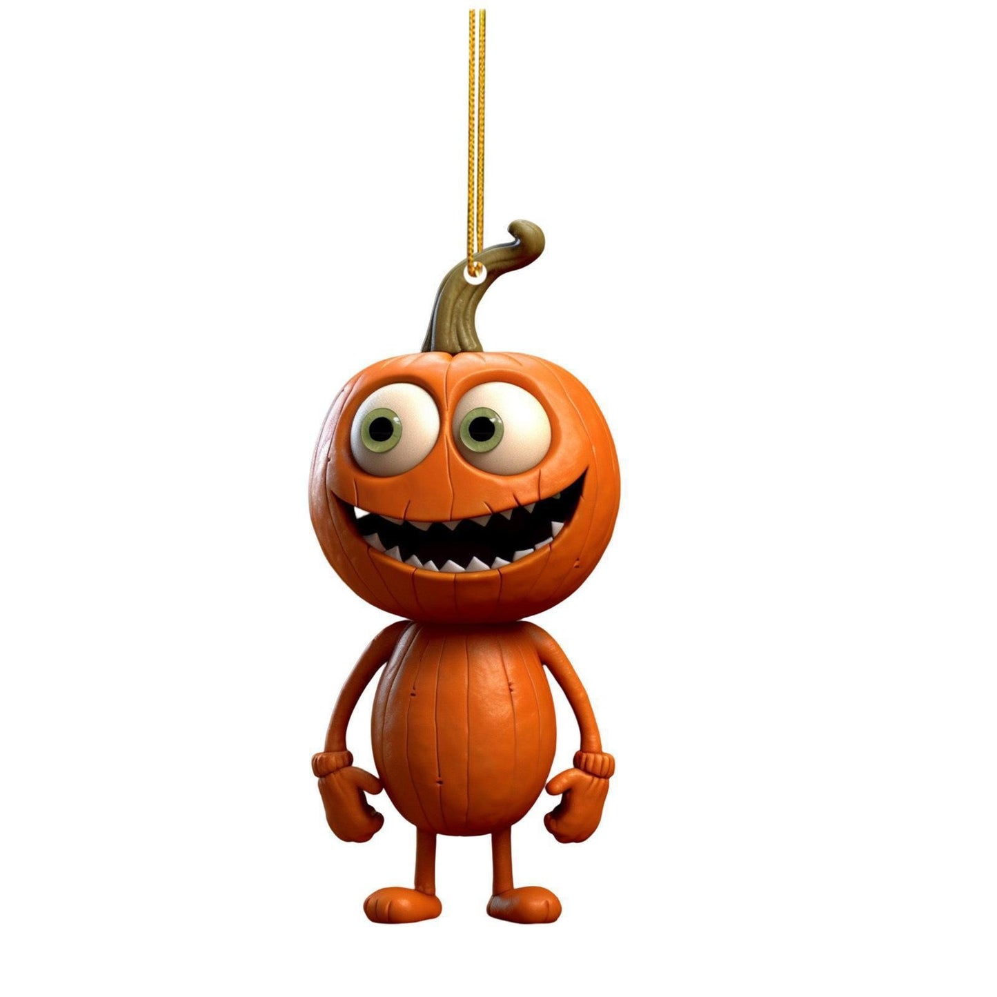 A playful pumpkin character with a big smile, wide eyes, and a curly stem, hanging from a yellow string on a white background.