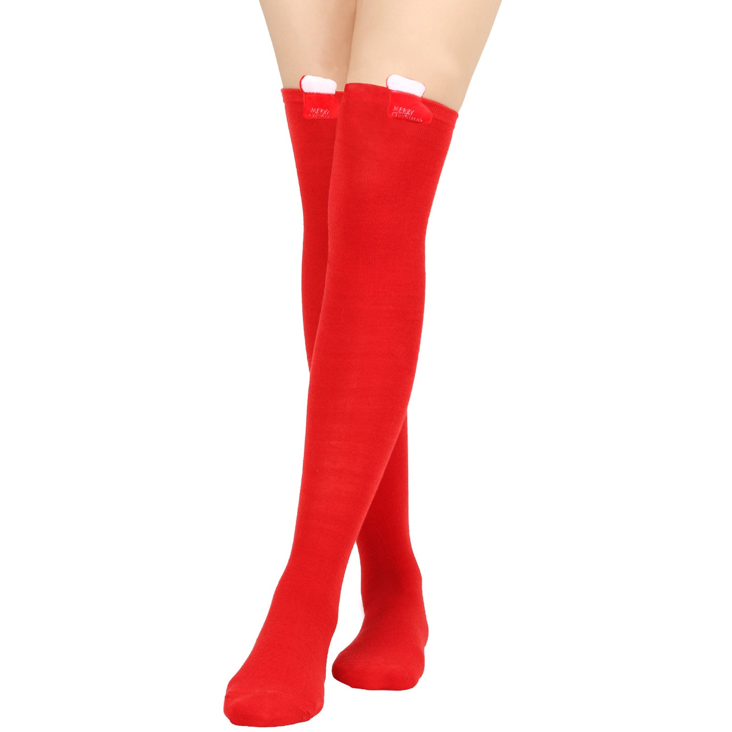 Person wearing bright red knee-high socks with white tabs, standing with legs crossed. The background is plain white, highlighting the vivid color of the socks.