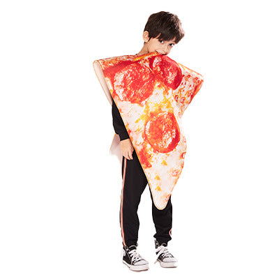A child in a playful pizza slice costume, featuring pepperoni and cheese print, stands against a plain white background. The child wears black pants and black sneakers with white soles, adding a casual touch to the fun outfit.