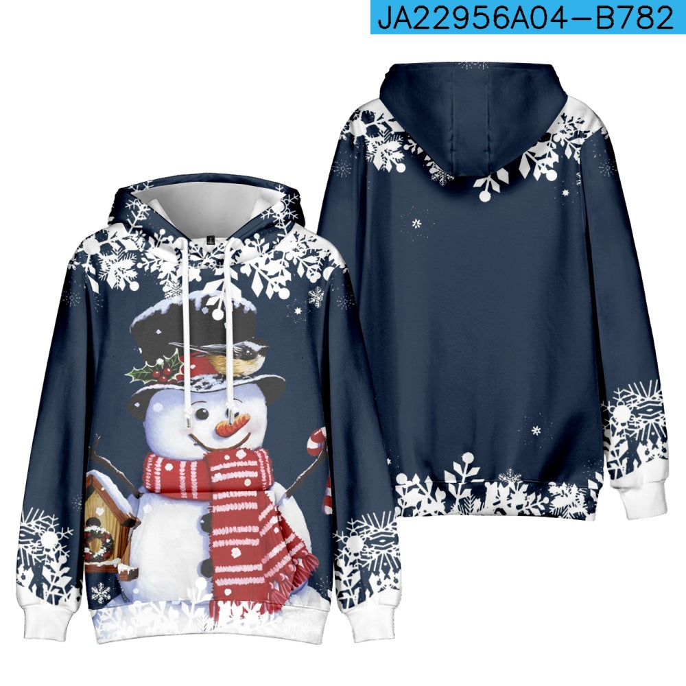 Navy blue hoodie featuring a snowman in a top hat, red scarf, and holding a candy cane. Snowflakes decorate the hoodie edges, with a bird perched on the snowman.
