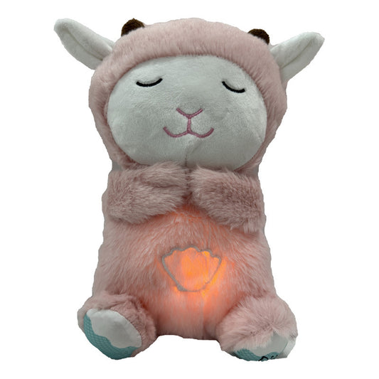 Cute plush sheep toy with closed eyes, pink fur, and small horns. A soft, glowing light emits from its belly, shaped like a shell. The toy exudes a calm, soothing vibe.