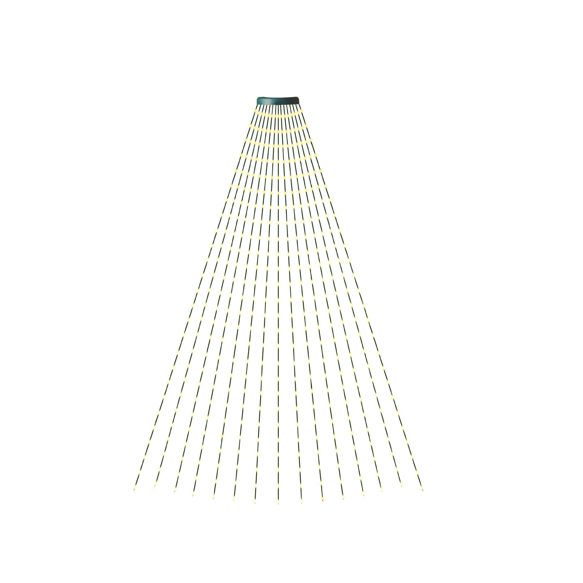 Yellow beams radiate downward in a conical pattern from a small green showerhead, set against a white background, resembling a shower of light.