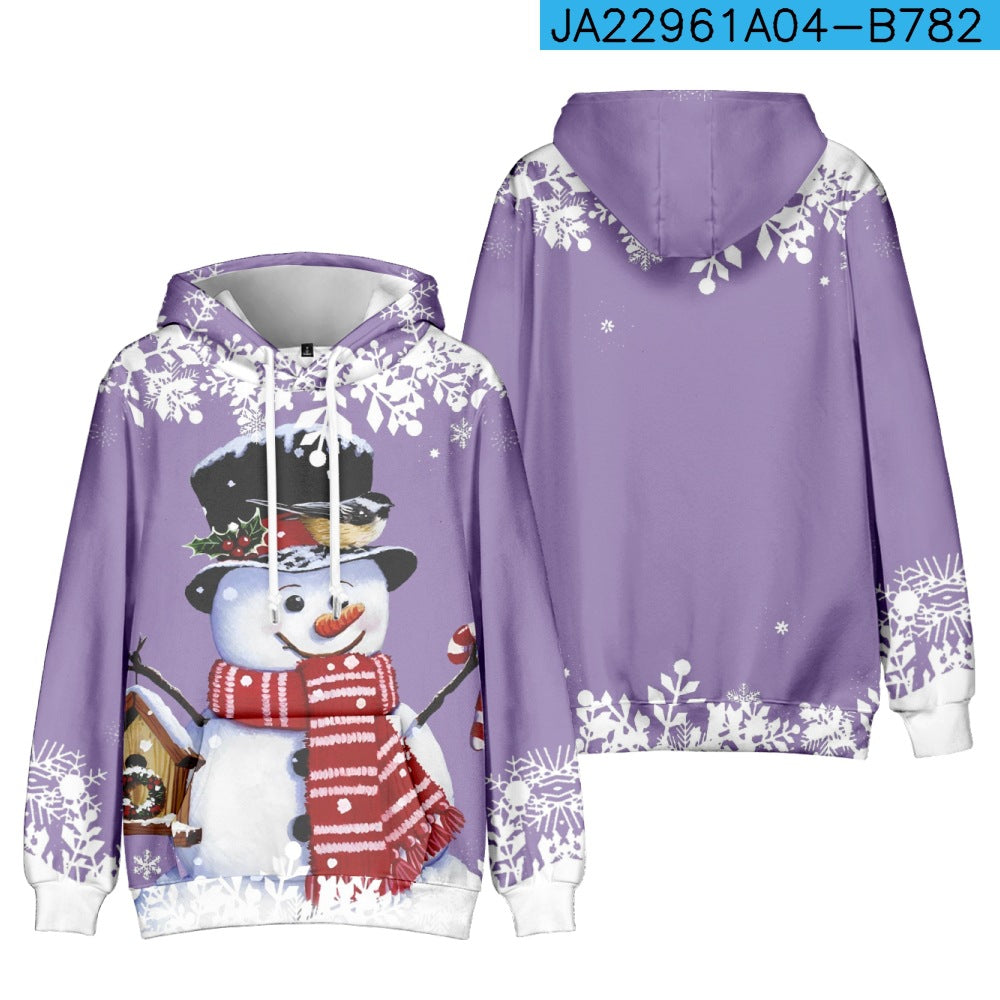 Purple hoodie with a smiling snowman wearing a black hat and red scarf. Decorated with snowflakes, a candy cane, and a birdhouse. Back view shows more snowflake designs.
