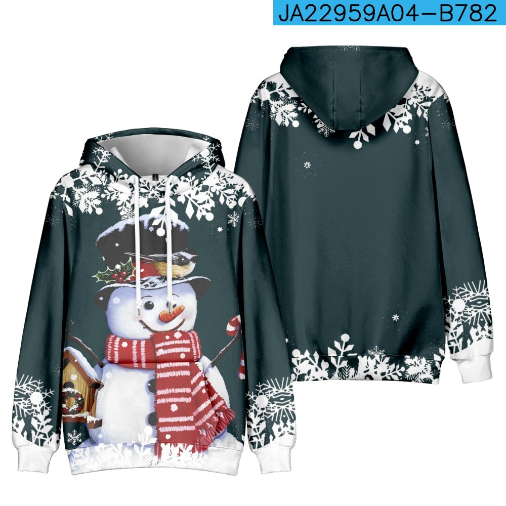 Hoodie featuring a festive snowman wearing a top hat and red scarf, holding a candy cane with snowflakes and a bird design on a dark backdrop. Front and back views shown.