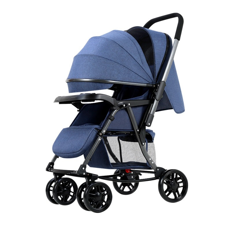 A blue baby stroller with a reclining seat, adjustable canopy, and mesh storage basket, set on four black wheels, designed for comfort and mobility.
