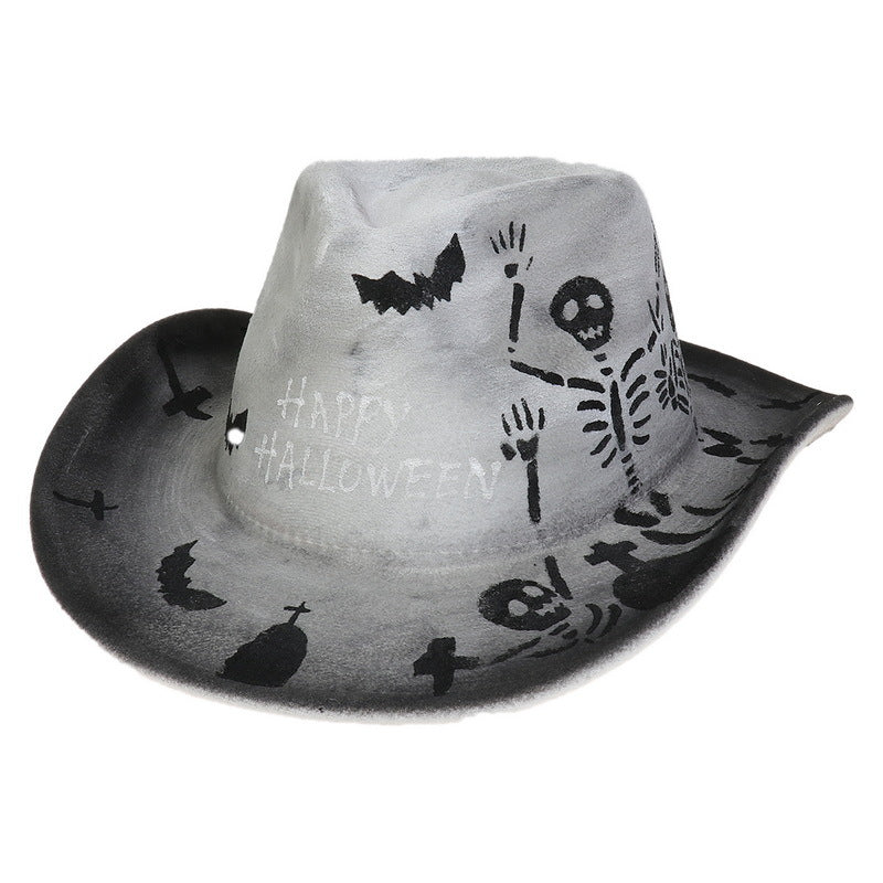 Gray cowboy hat with "Happy Halloween" text and black skeletal designs. Bats and a cross on the brim add a spooky touch. Perfect for celebrating Halloween.