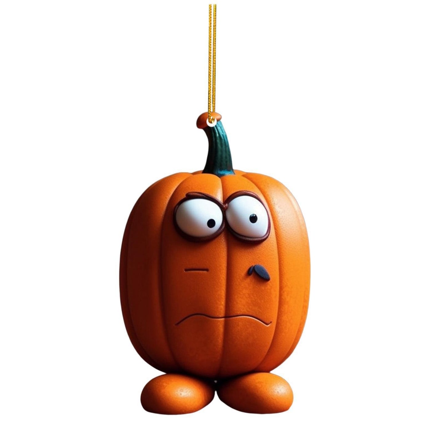 Cartoonish pumpkin ornament with a perplexed expression, large eyes, and small feet. It hangs by a yellow string, showcasing a quirky and playful design.