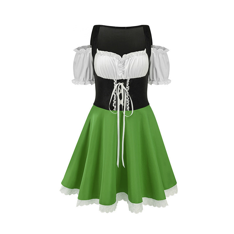 Green and black dress with white lace-up detailing, puffed sleeves, and a flared skirt. Features a white ruffled off-shoulder top with scalloped trim at the hem.