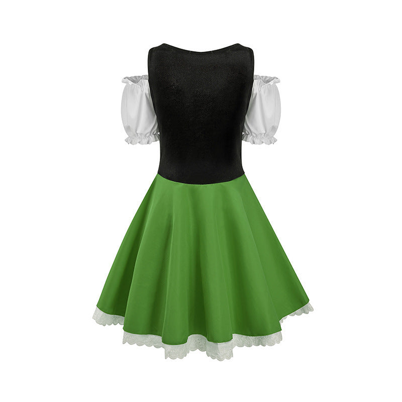 Green dress with a black bodice and white puffed short sleeves. The skirt is flared with white lace trim at the hem, creating a classic, festive appearance.