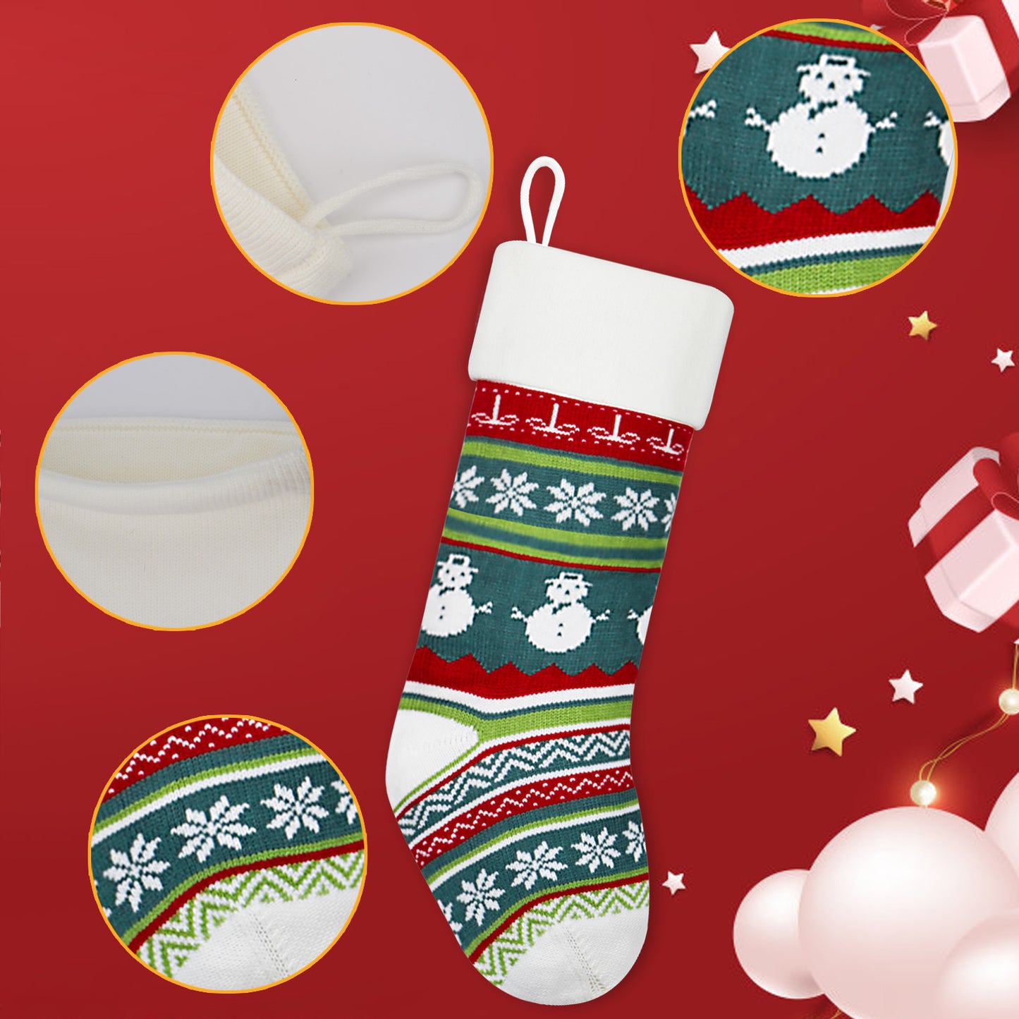 Festive Christmas stocking with snowmen and snowflake patterns, detailed close-ups of knit texture, on a red background with gift boxes and stars.