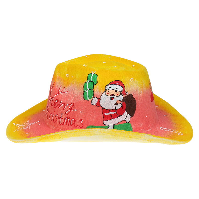 Yellow and red painted cowboy hat featuring Santa Claus holding a gift, with "Merry Christmas" written on the side, decorated with white stars and candy canes.