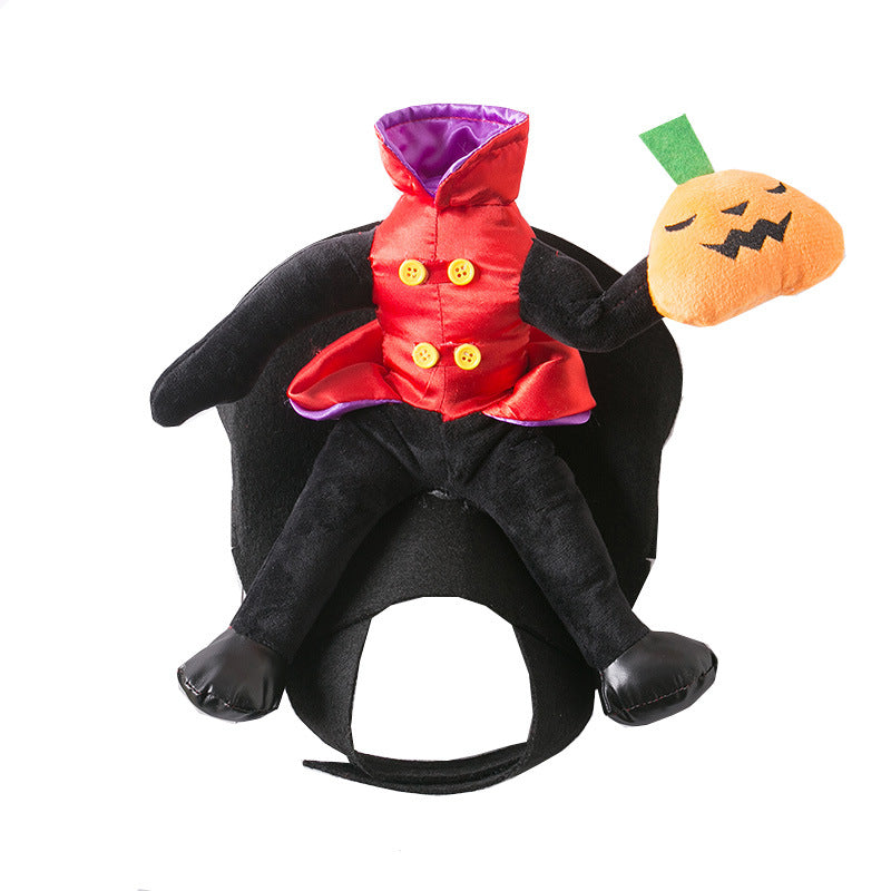 A plush Halloween-themed pet costume featuring a headless figure in a red coat with yellow buttons, black limbs, and holding a smiling orange pumpkin.