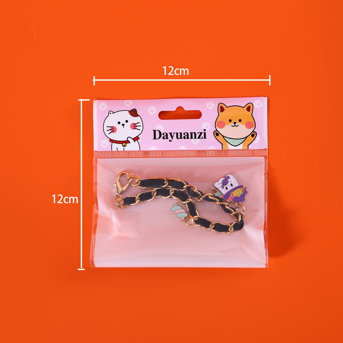 Packaging of a bracelet with colorful charms, labeled "Dayuanzi," featuring cartoon animals. The package is 12cm by 12cm, set against an orange background.