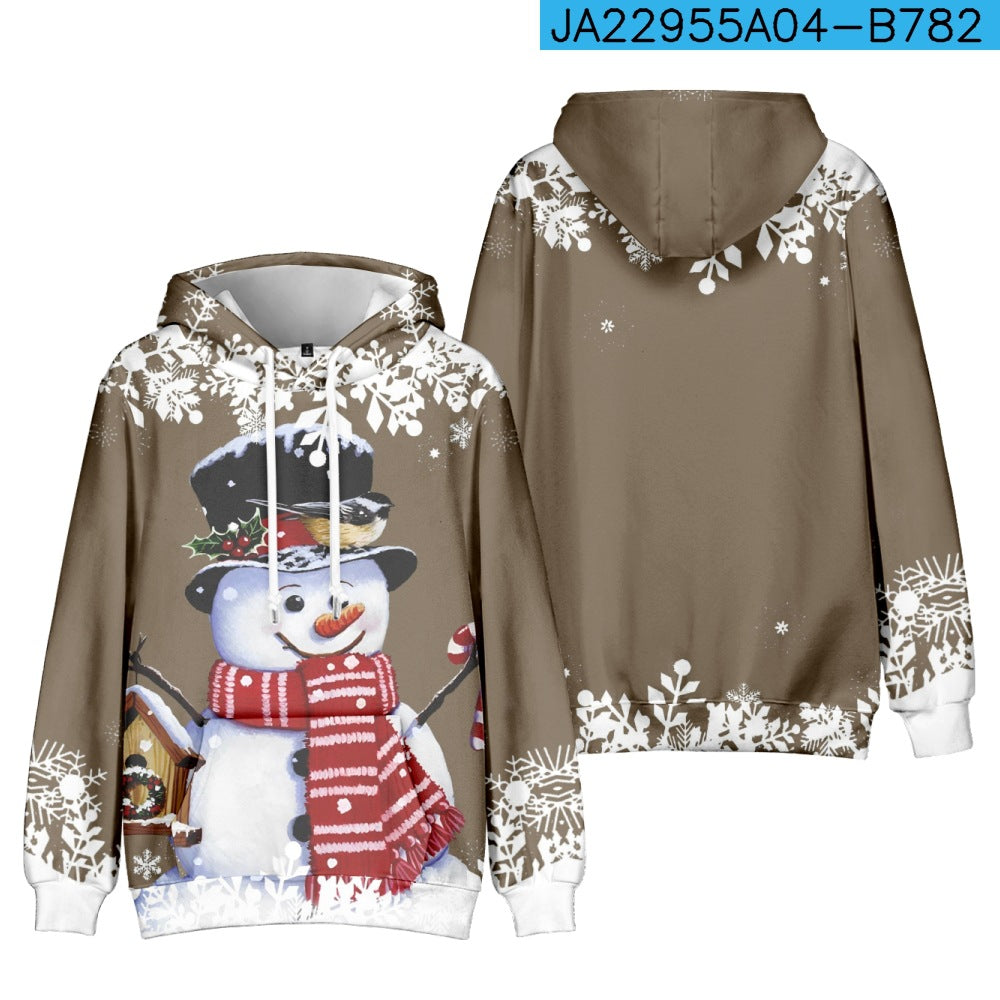 Brown hoodie with a snowman design featuring a top hat, red striped scarf, bird, and candy cane. White snowflakes and holly accents are scattered throughout.