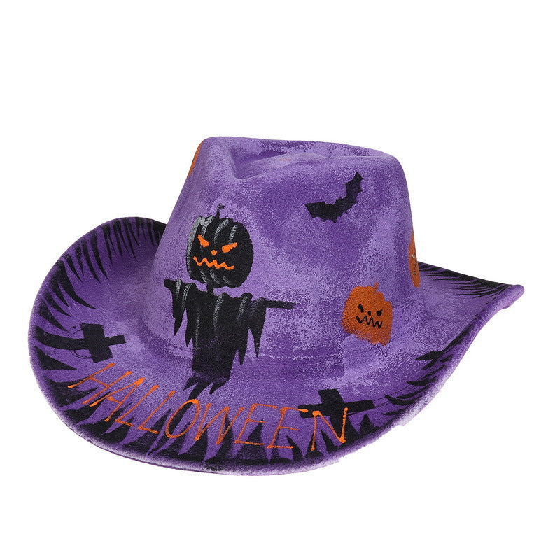 Purple Halloween cowboy hat with spooky designs, including black scarecrow, bats, and grinning pumpkins. "Halloween" is written in orange letters on the brim.