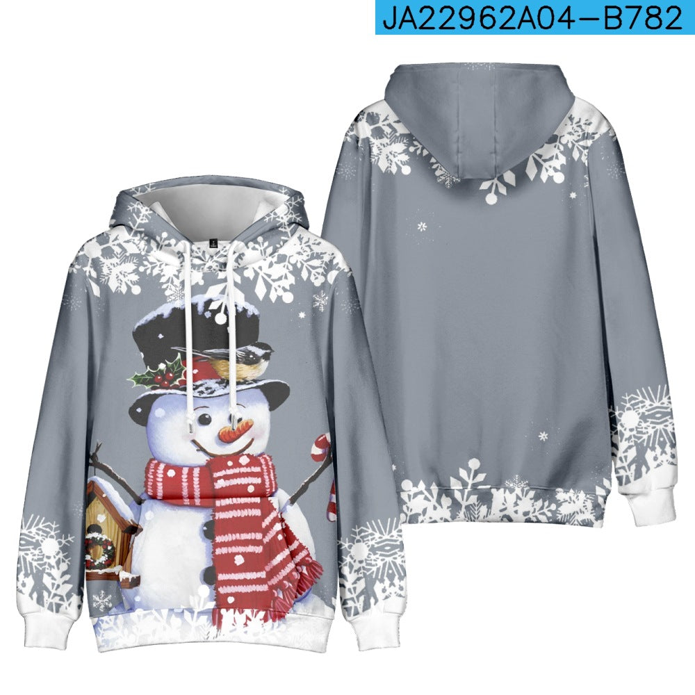 Gray hoodie featuring a smiling snowman with a top hat and red scarf, surrounded by snowflakes. The back is plain with snowflake accents.