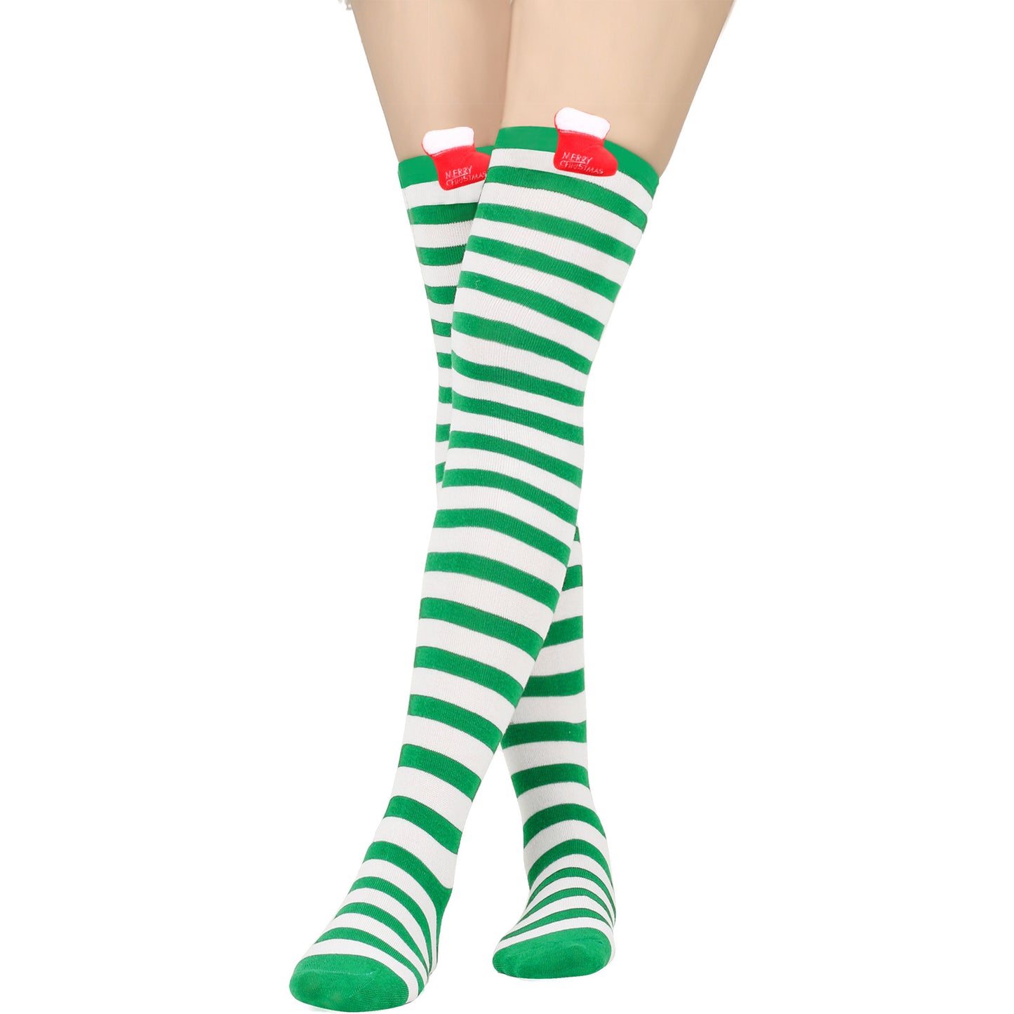 Person wearing knee-high green and white striped socks with red cuffs labeled "Merry Christmas" on a white background.