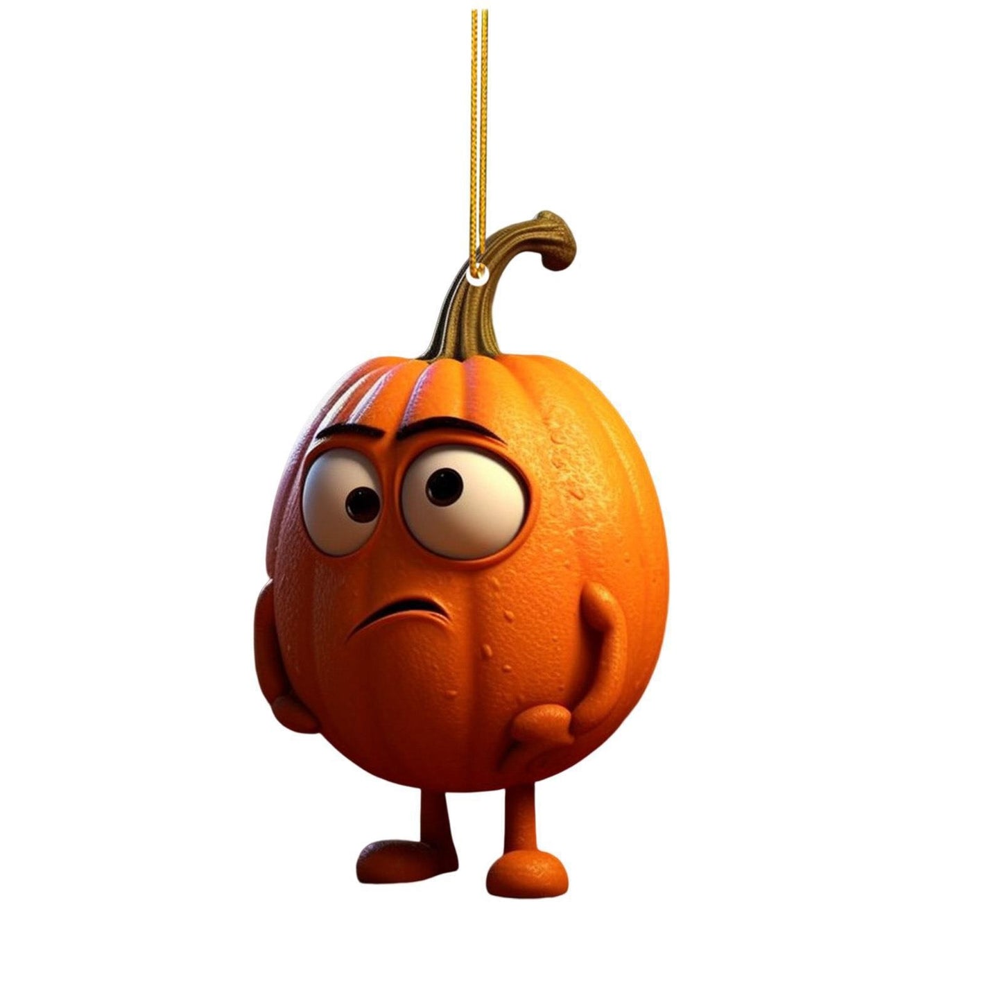 A cartoonish pumpkin character with eyes and an unhappy expression, suspended by a string. The pumpkin has a detailed texture and arms at its sides, set against a plain white background.
