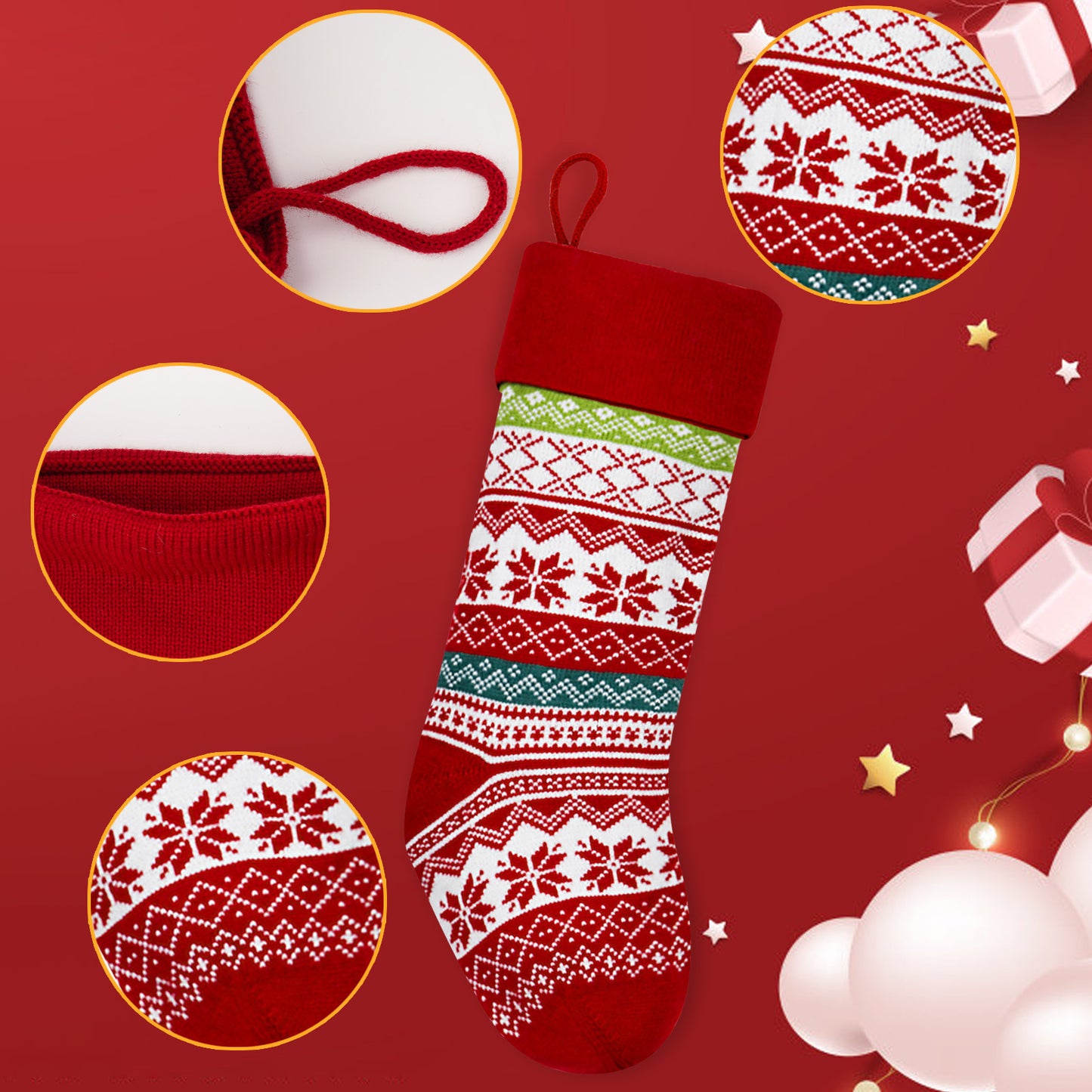Festive red and white Christmas stocking with snowflake patterns, green accents, and a hanging loop. Close-up views highlight the knit details. Red background with stars and gifts.