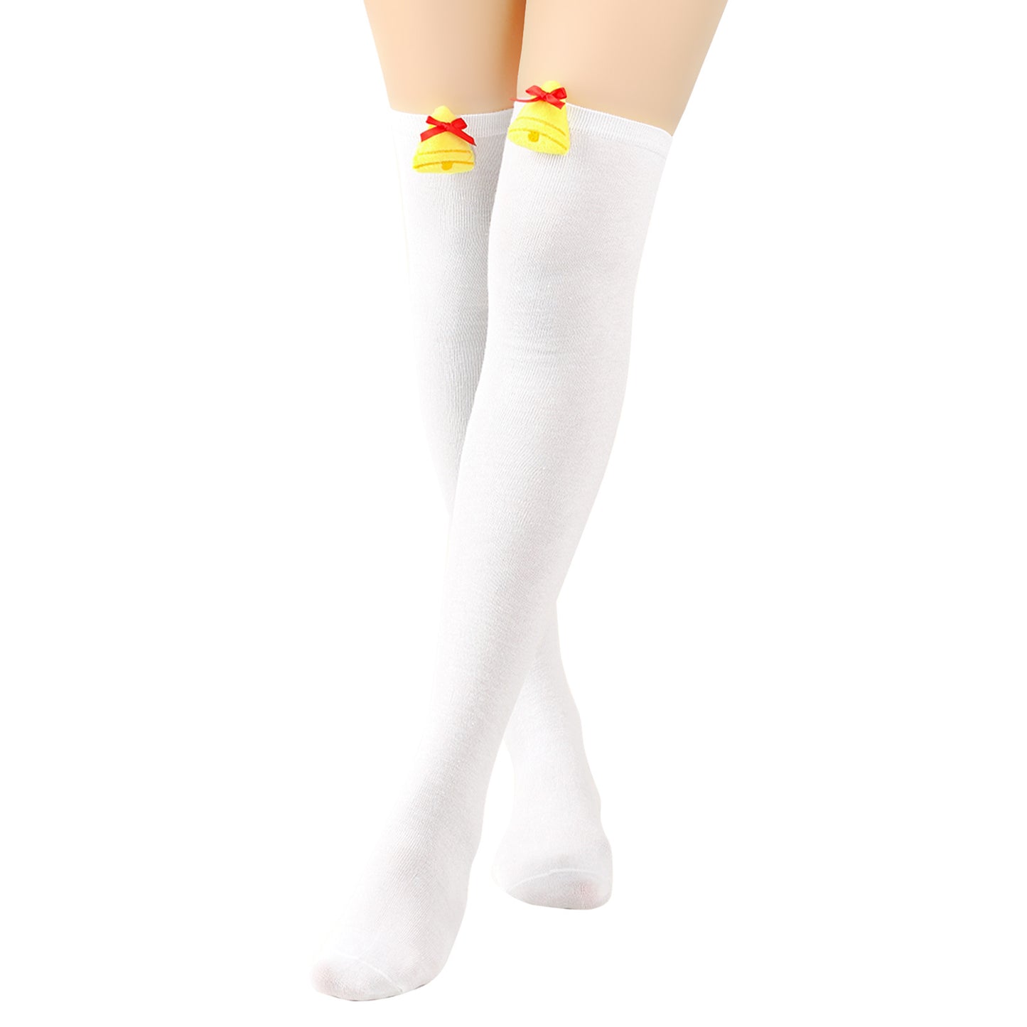 White thigh-high socks with small yellow bells and red bows near the top, worn on crossed legs.