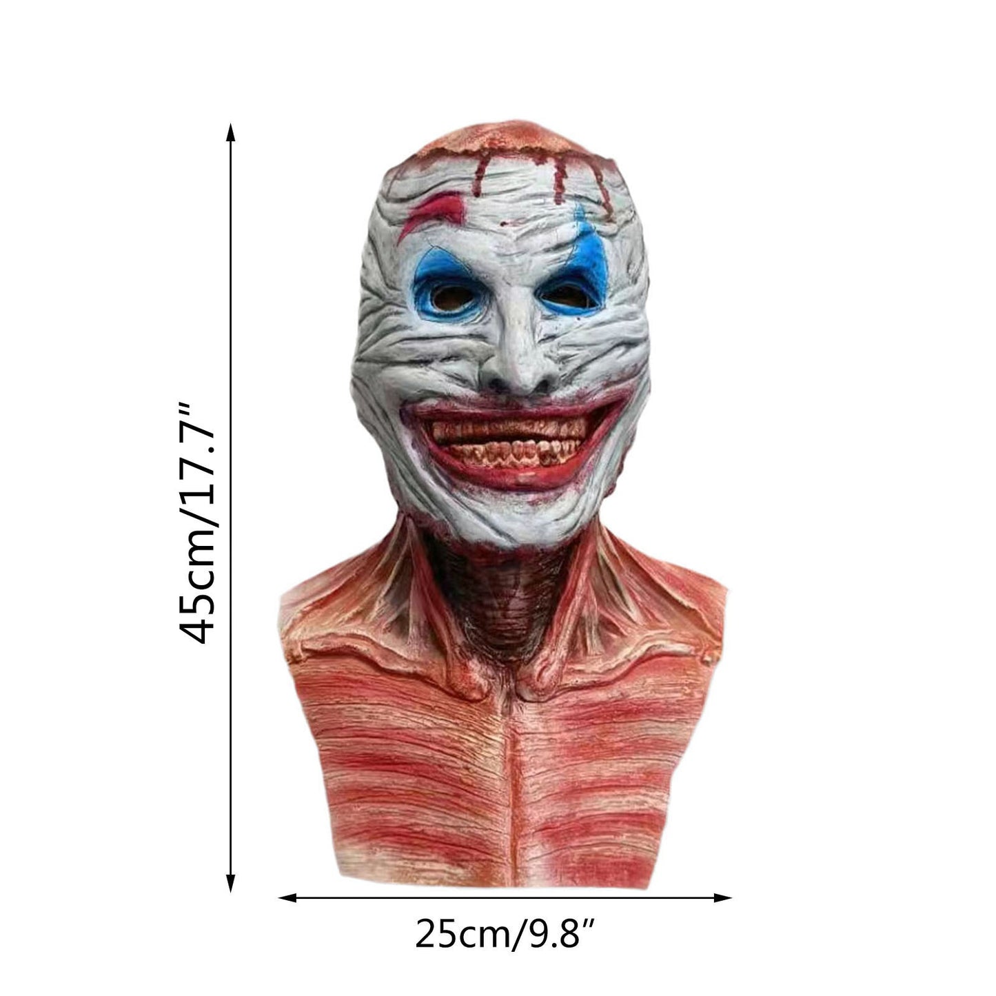 Horror mask with exaggerated smile, white face, blue eye makeup, and blood-like streaks. Red, muscular texture on neck and shoulders. Dimensions: 45cm height, 25cm width.