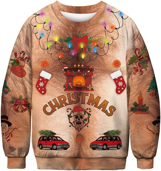 Ugly Christmas sweater design with chest hair print, featuring festive elements like lights, a fireplace, Christmas text, snowmen, stockings, holly, and cars with trees.
